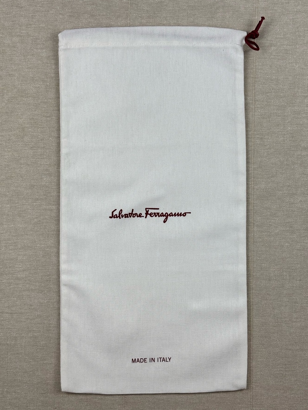 Salvatore Ferragamo White Dust Bag with Burgundy Logo and Drawstring